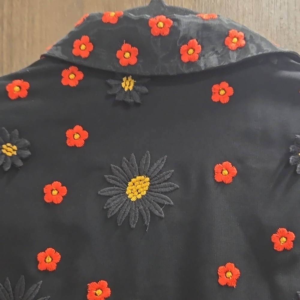 Alice + Olivia-"Enid" Floral Embroidered Appliqué Shirt Dress Black-Size XS - Picture 13 of 17